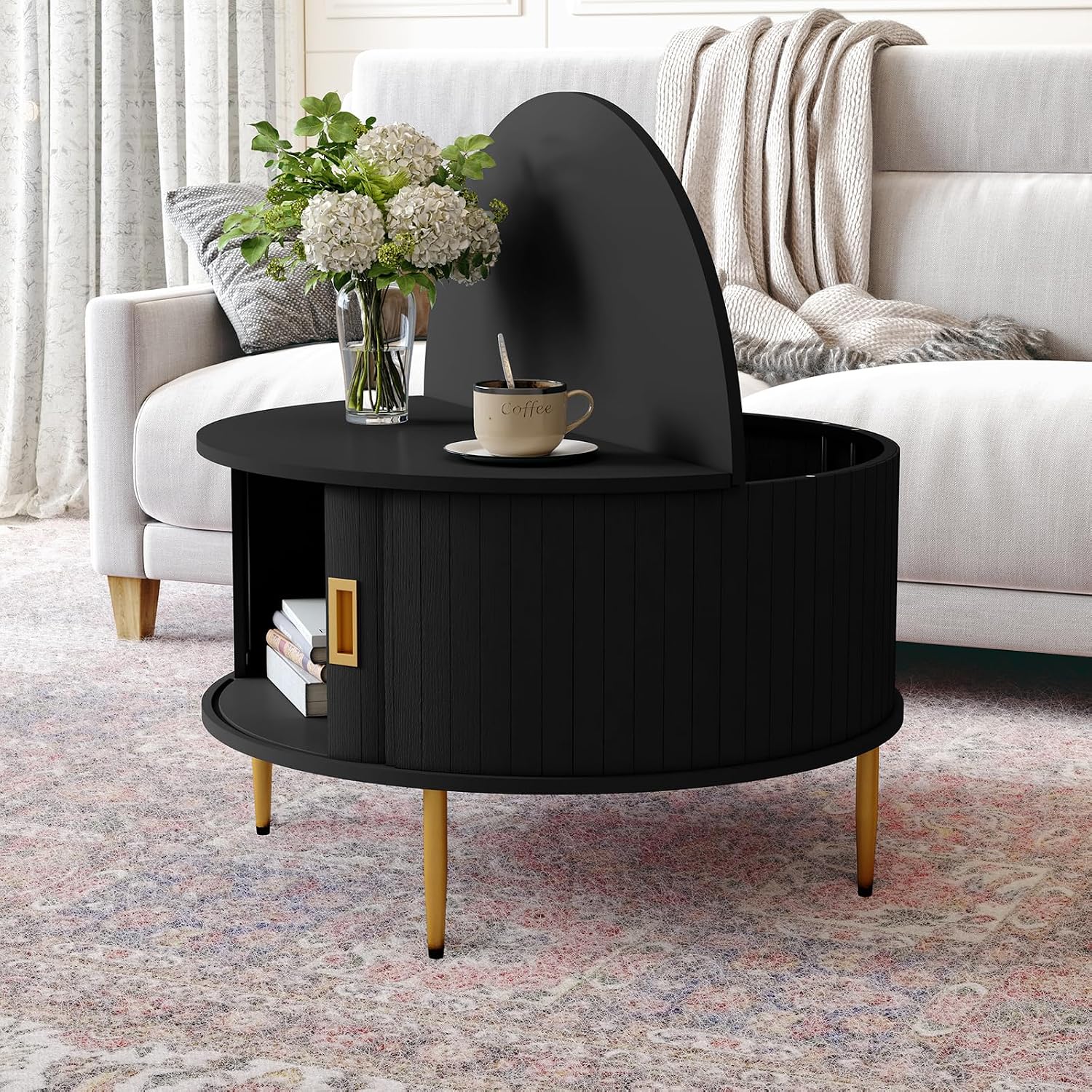 ARTPOWER 31.7' Round Coffee Table with Tambour Door, Mid Century Center Table for Living Room, Small Wood Fluted Circle Coffee Table with Storage, Black