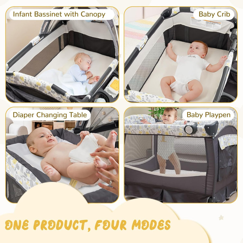 HONEY JOY Pack and Play, 4 in 1 Portable Baby Crib Playpen w/Bassinet, Changing Table, Canopy, Mattress, Music Box, Storage Bag, Foldable Pack and Play for Infant Boys Girls