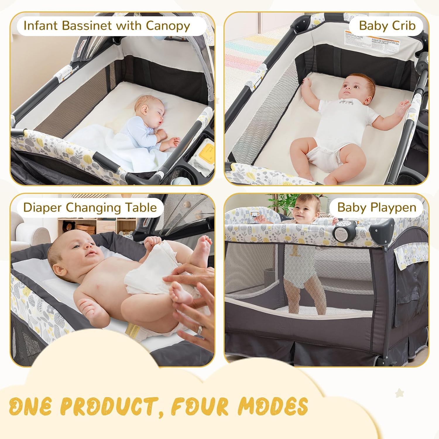 HONEY JOY Pack and Play, 4 in 1 Portable Baby Crib Playpen w/Bassinet, Changing Table, Canopy, Mattress, Music Box, Storage Bag, Foldable Pack and Play for Infant Boys Girls