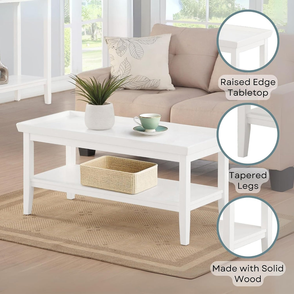Convenience Concepts Ledgewood Coffee Table 42' - Modern Center Room Accent with Storage Shelf for Transitional, Traditional Living & Family Room, White