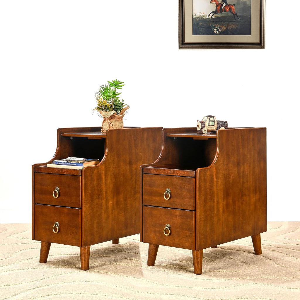 Storage Side End Table with 2 Drawers and Pull-Out Shelf, Small Sofa Side Table for Living Room, No-Tools Assembly, Solid Wood Narrow Beside Tables, 11.8'W x 21.6'L x 22.9'H, Brown, BG-A1359-MG