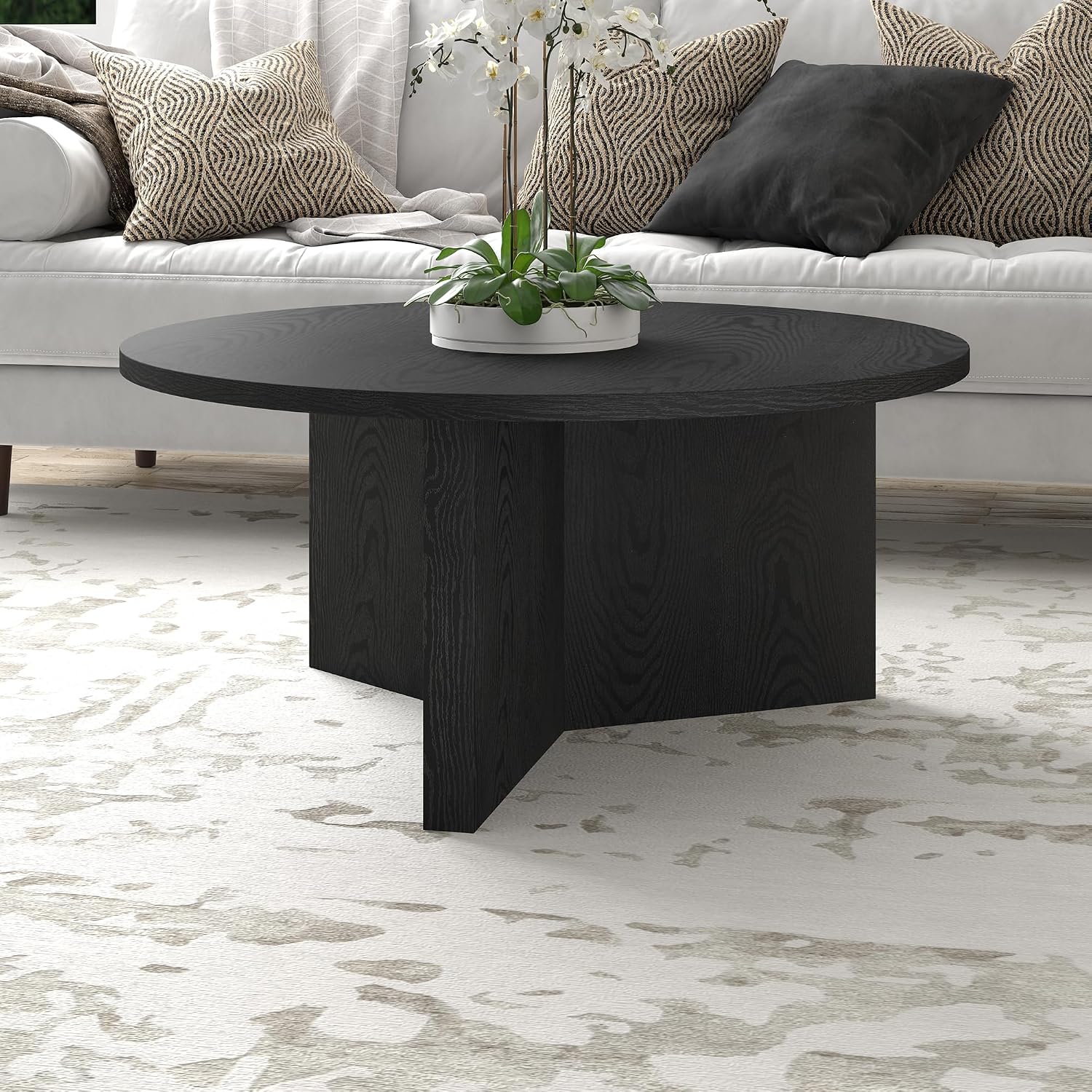 Henn&Hart 36' Round Wood Pedestal Coffee Table for Living Room, Family Room, Office, or Apartment, Natural Black