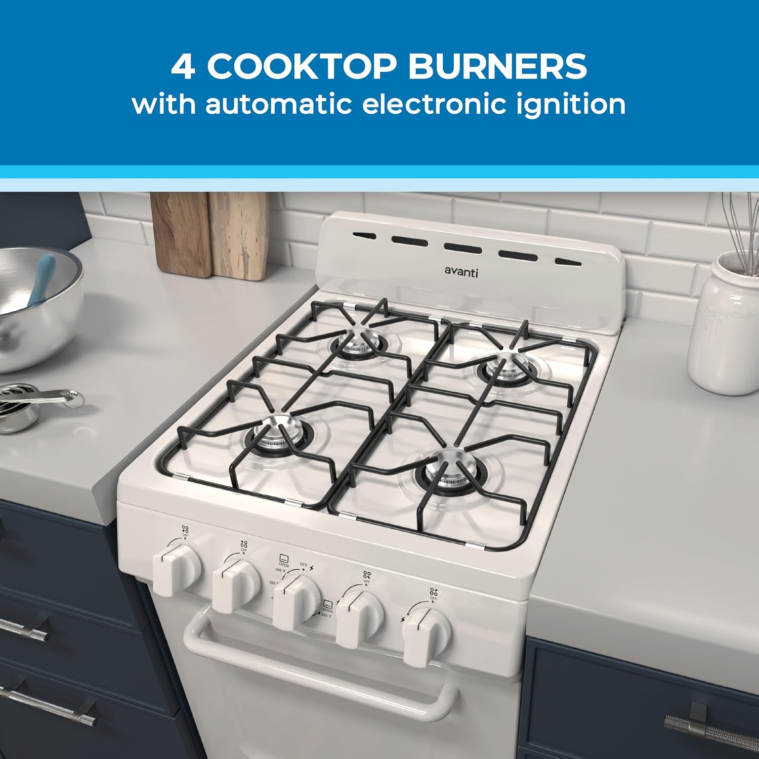 Avanti Gas Range Oven, Compact Freestanding Design, 4 Burners with Electronic Ignition, 2.1 Cu.Ft. Capacity Features Solid Door Storage Drawer Broiler and Accessories, 20-Inch, White