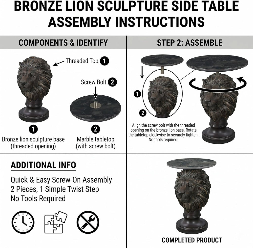 Vintage Bronze Lion Head Sculptural Side Table with Black Faux Marble Top, 19.69' Round Resin End Table, 25.59' H Majestic Accent Table for Living Room, Retro Office Decor, Heavy Duty