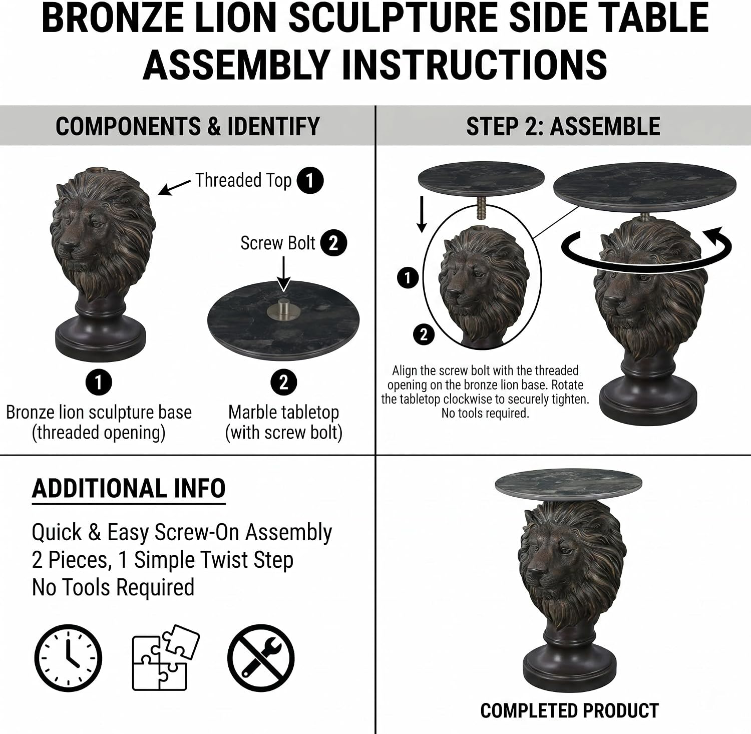 Vintage Bronze Lion Head Sculptural Side Table with Black Faux Marble Top, 19.69' Round Resin End Table, 25.59' H Majestic Accent Table for Living Room, Retro Office Decor, Heavy Duty