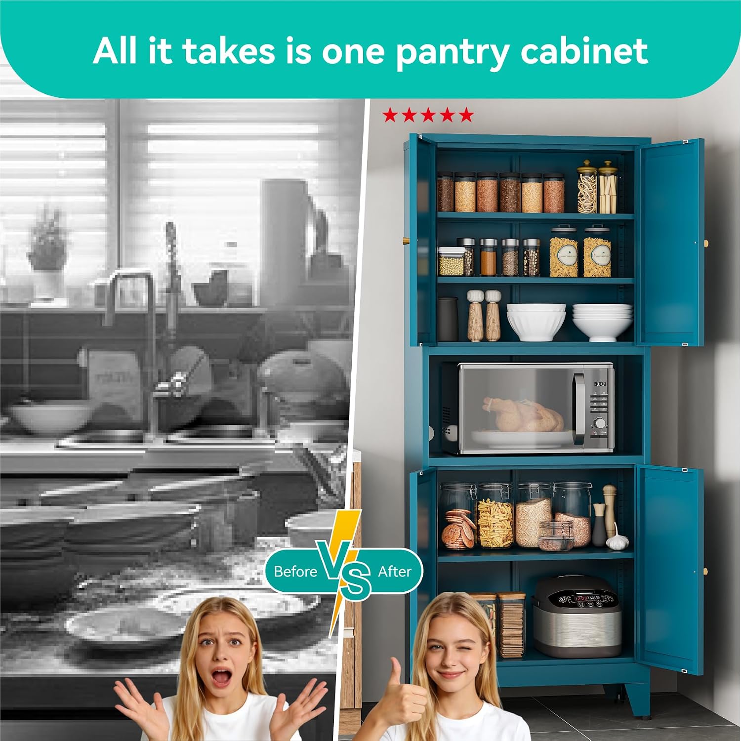 69' Tall Pantry Cabinet with Open Shelf,13.78'Deep By 28' Wide Storage Cabinet with Doors and Adjustable Shelves,Microwave Stand,for Kitchen Dining Room Living Room Bathroom,Teal Blue,1Pc