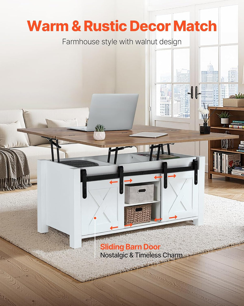 VEVOR 39.4 in Farmhouse Lift Top Coffee Table, Rustic Center Table with Barn Door and Hidden Storage Compartment, Modern Rectangle Lifting Tabletop for Living Room, Office, Home, Easy Assembly, White