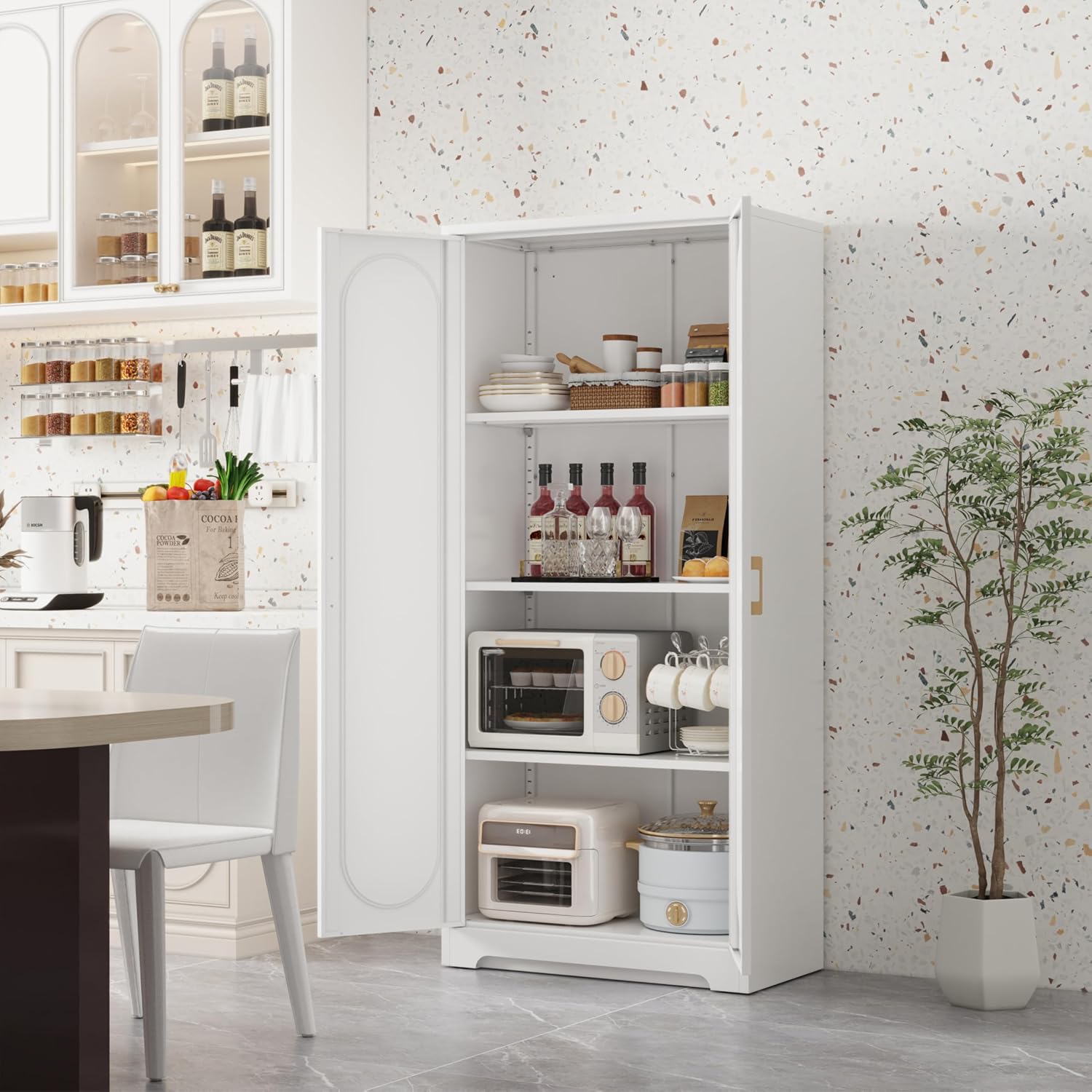 Metal Storage Cabinet with 3 Adjustable Shelves, 60' Tall Kitchen Storage Cabinet with Gold Handles, White Pantry Cabinets for Kitchen, Living Room, Hallway - Assembly Required