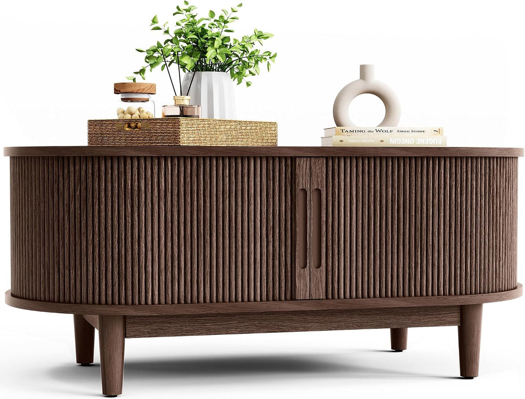 LINSY HOME Oval Coffee Table, Wood Coffee Table with Storage, Fluted Accent Center Table with Sliding Tambour Door, 39' Mid Century Modern Coffee Tables for Living Room, Bedroom, Apartment, Walnut
