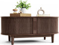 LINSY HOME Oval Coffee Table, Wood Coffee Table with Storage, Fluted Accent Center Table with Sliding Tambour Door, 39' Mid Century Modern Coffee Tables for Living Room, Bedroom, Apartment, Walnut