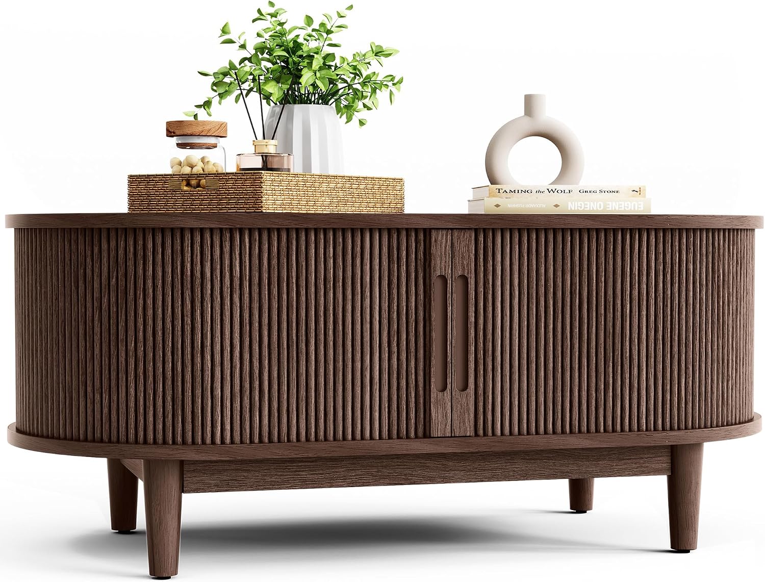LINSY HOME Oval Coffee Table, Wood Coffee Table with Storage, Fluted Accent Center Table with Sliding Tambour Door, 39' Mid Century Modern Coffee Tables for Living Room, Bedroom, Apartment, Walnut