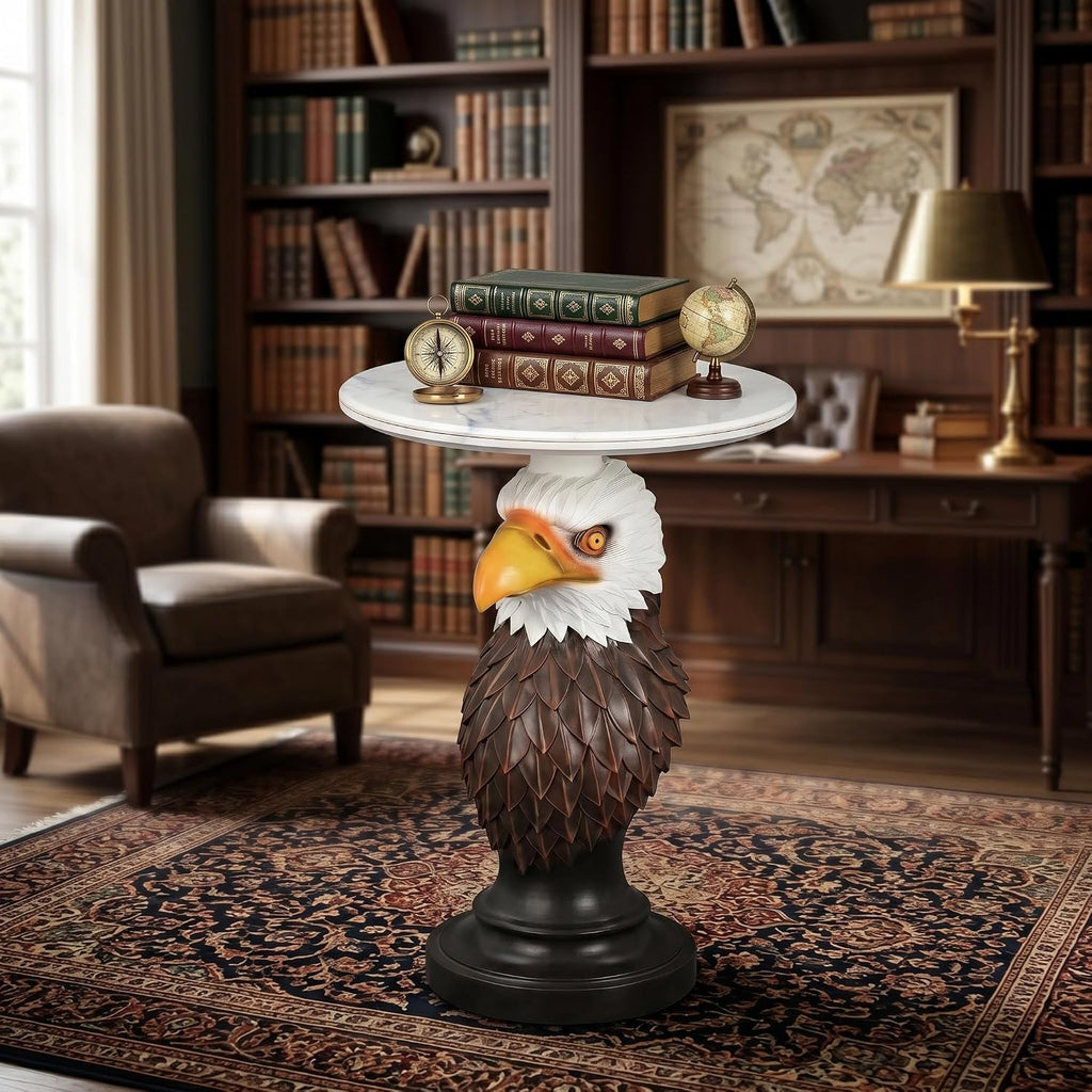 Bald Eagle Sculptural Side Table with Faux Marble Top, 17.72' Round Resin Animal End Table, Unique Eagle Statue Decor for Living Room, Office & Patio, Patriotic Housewarming Gift