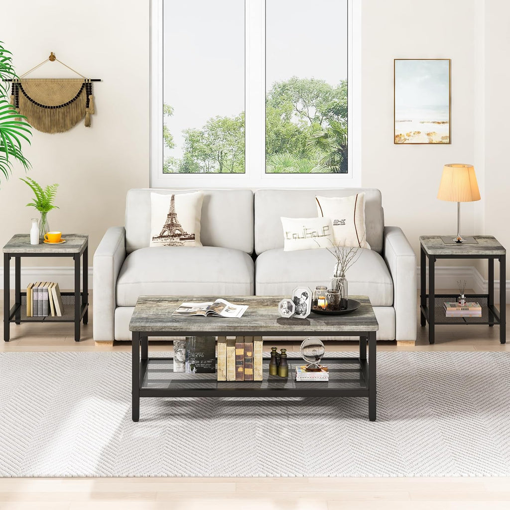 Lamerge Coffee Table Set of 3 Coffee Table and end Table Sets, Modern Metal Frame Living Room Center Table for Small Apartment Home Office（Gray）