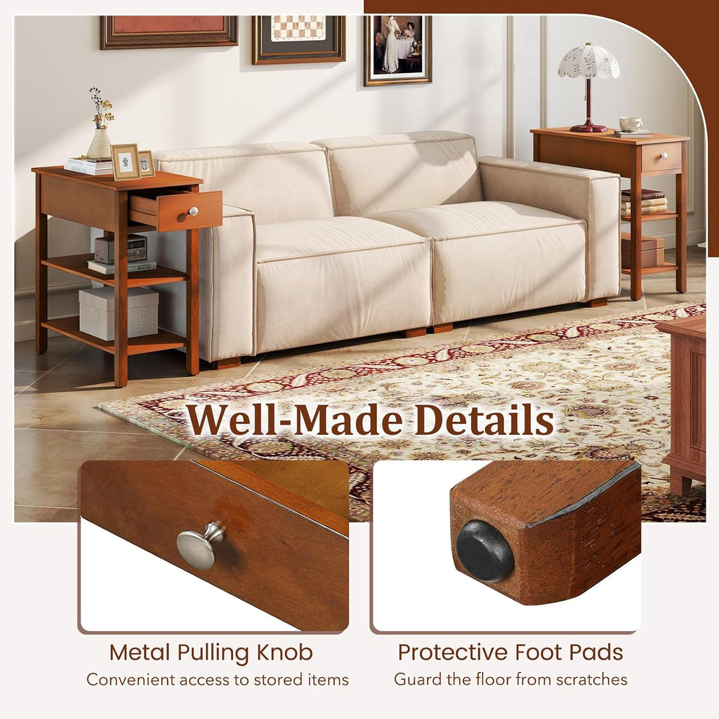 Tangkula Narrow End Table Set of 2, 24.5'H Farmhouse Couch Bedside Table with Drawer, Storage Shelves, Rubber Wood Legs, 3-Tier Nightstand, Slim Side Table for Small Spaces, Living Room Bedroom, Brown