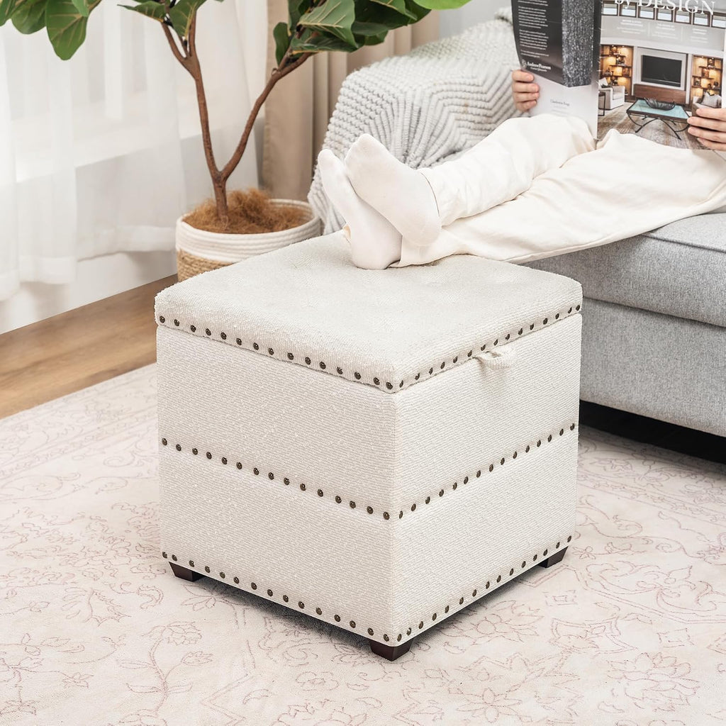 Adeco 18' Velvet Storage Ottoman with Tray Top, Modern Square Cube Footrest Coffee Table for Living Room, Bedroom, Dorm - Warm White, No Assembly Required