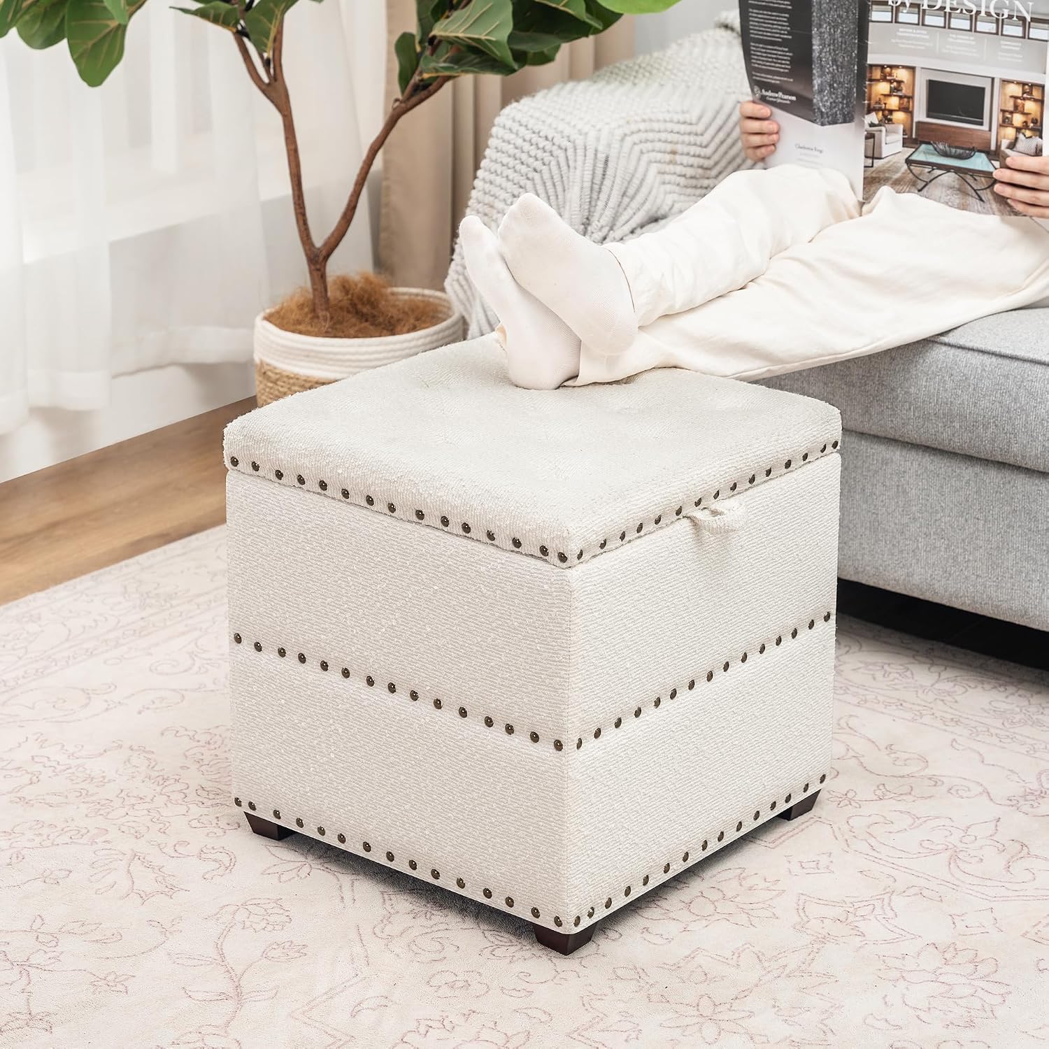 Adeco 18' Velvet Storage Ottoman with Tray Top, Modern Square Cube Footrest Coffee Table for Living Room, Bedroom, Dorm - Warm White, No Assembly Required