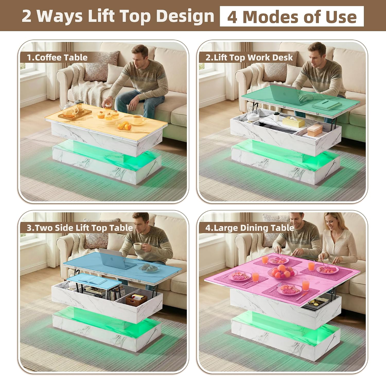 40' Lift Top Coffee Table, 4‑in‑1 Multi-Function Convertible Workstation Table with Storage & Charging Station, Modern Faux Marble Design for Living Room & Small Spaces, White