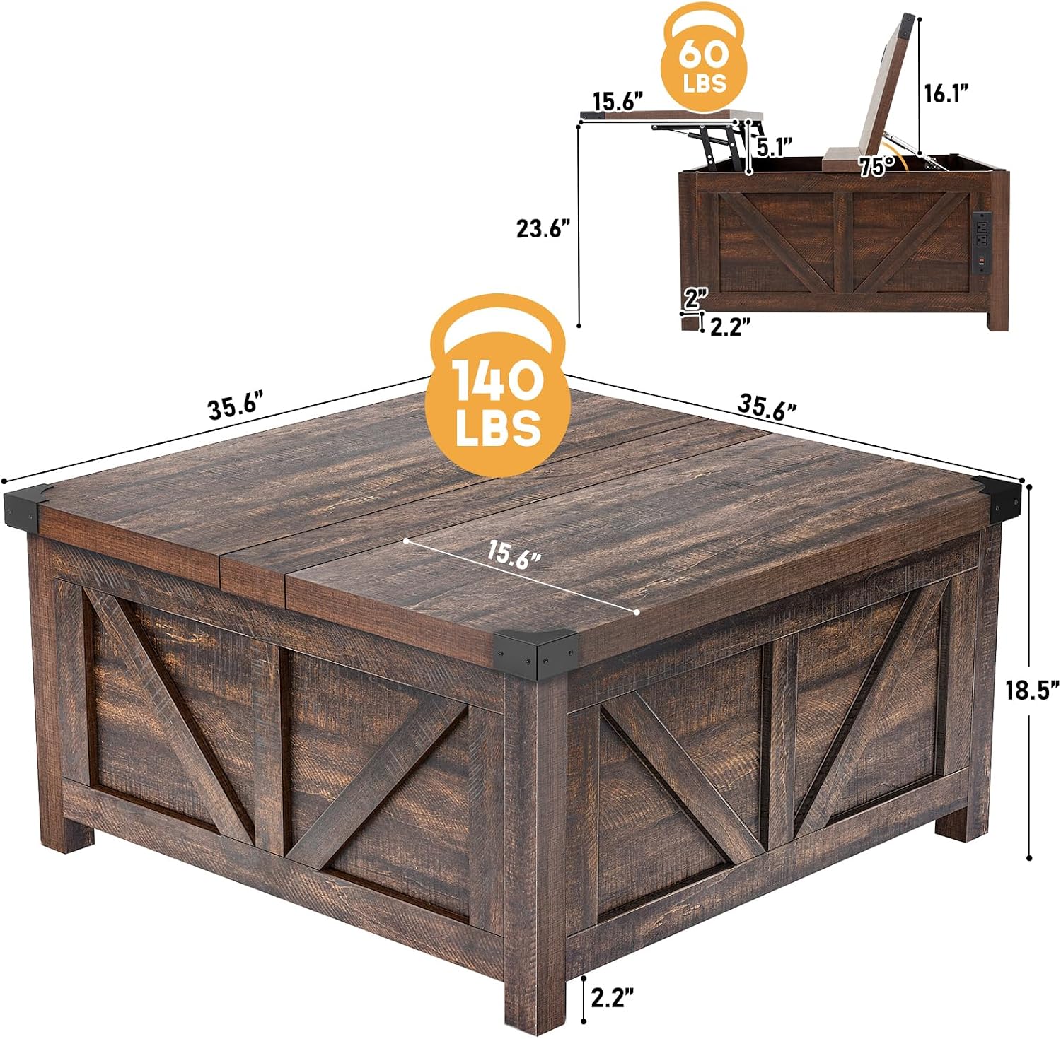 jimeimen Farmhouse Lift Top Coffee Table with Storage, Wood Square Center Table with Charging Station&USB Port, Living Room Table w/Large Hidden Space, for Living Room, Bedroom, Home Office, Brown