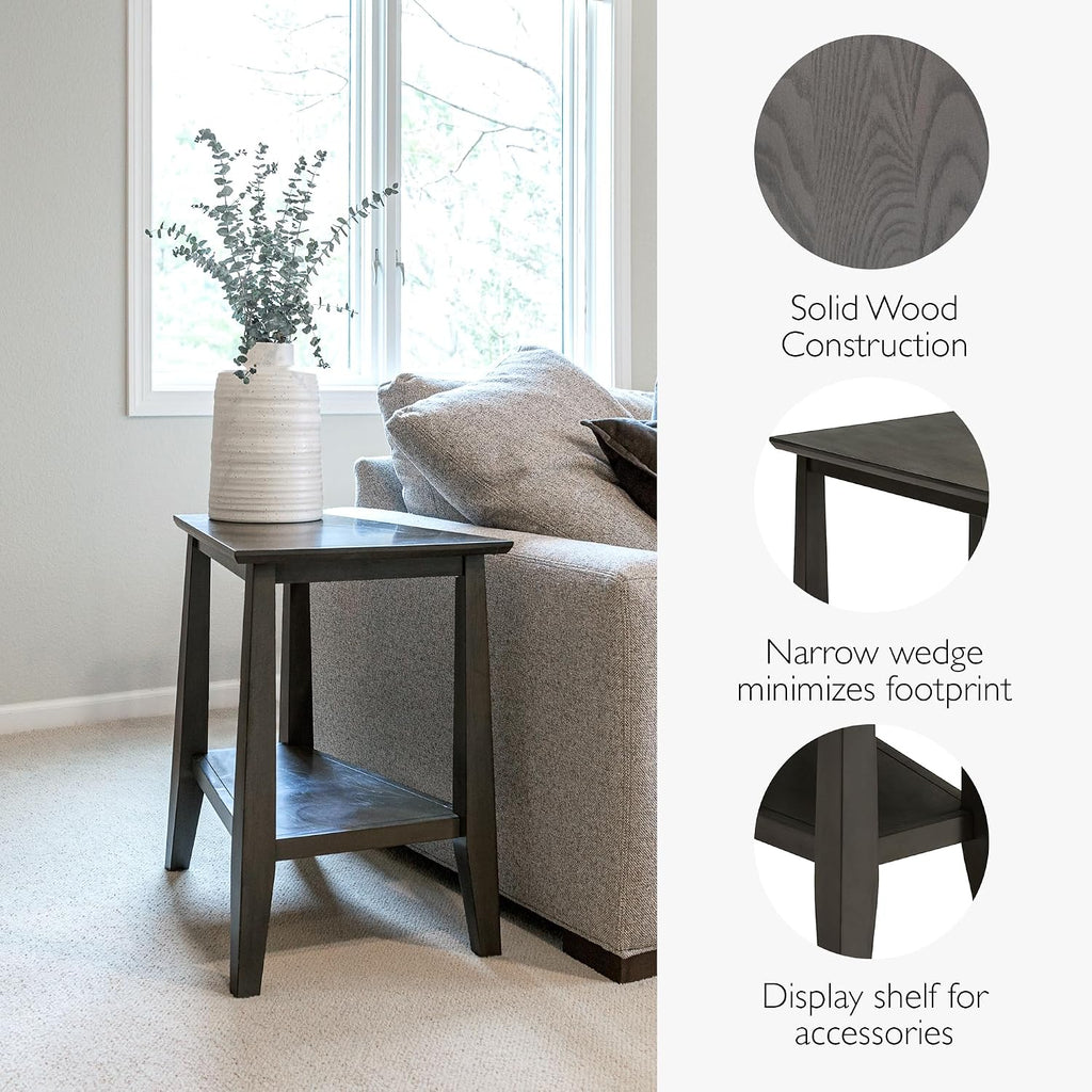 Leick Home Delton End Table, Solid Wood, Narrow Wedge Shape, Bottom Display Shelf, Easy-Assembly, For Living Room/Bedroom, Smoke Gray, 24.0 in. L x 14.0 in W x 24.0 in. H, 10402-GR