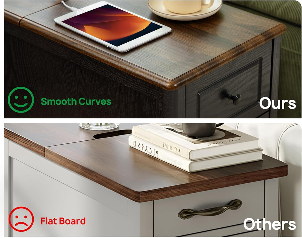 Farmhouse End Table with Wheels & Charging Station, USB-C, Narrow Rolling Side Table with Storage Cabinet and Deep Drawer, Small Nightstand with Hidden USB Ports and Outlets for Living Room, Black