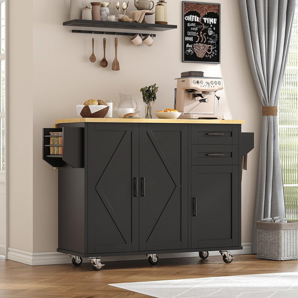 VVFLU Rolling Kitchen Island On Wheels, Kitchen Island Cart with Drop Leaf Countertop, Barn Door Kitchen Island Table with Storage Cabinet and 2 Drawer, 5 Wheels, Towel Rack and Spice Rack, Black