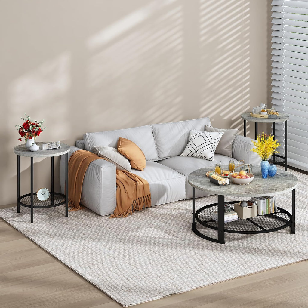 Recaceik Round Coffee Table and End Table Set of 3 with Storage, Modern Vintage Grey Coffee Table and Side Table for Living Room, Office, Apartment, Small Space