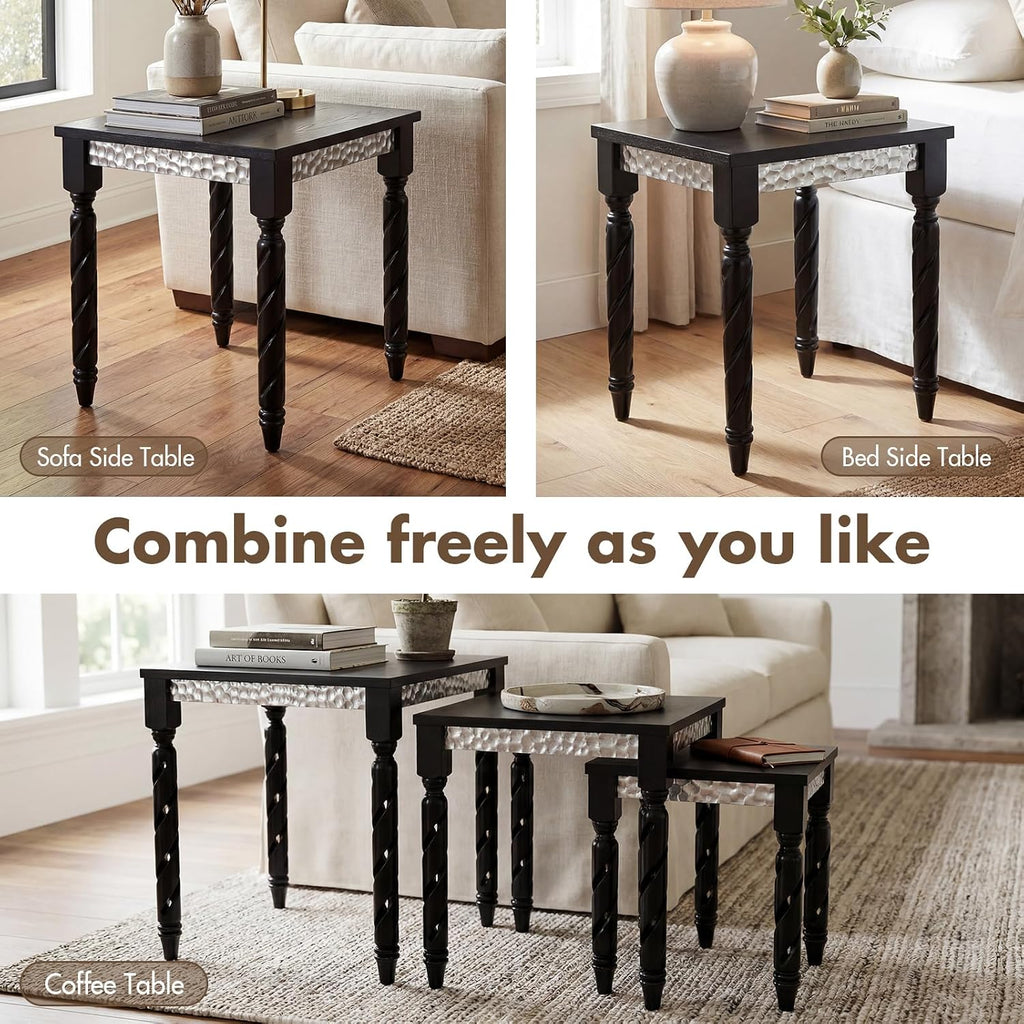 Hyfirm Black Nesting Tables Set of 3 - Mid Century Modern Accent End Tables with Durable Veneered Top, Spiral Wood Legs & Hexagonal Silver Apron, Ideal for Living Room, Bedroom & Small Apartments