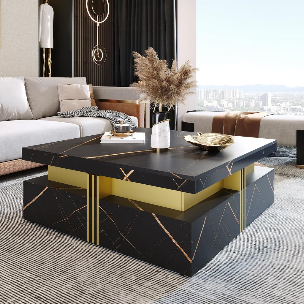Merax Modern White and Gold Square Coffee Table with 4 Drawers, Ample Hidden Storage, Durable MDF Construction, Sleek Accent End Table for Living Room, Lounge, and Apartment Decor, Black