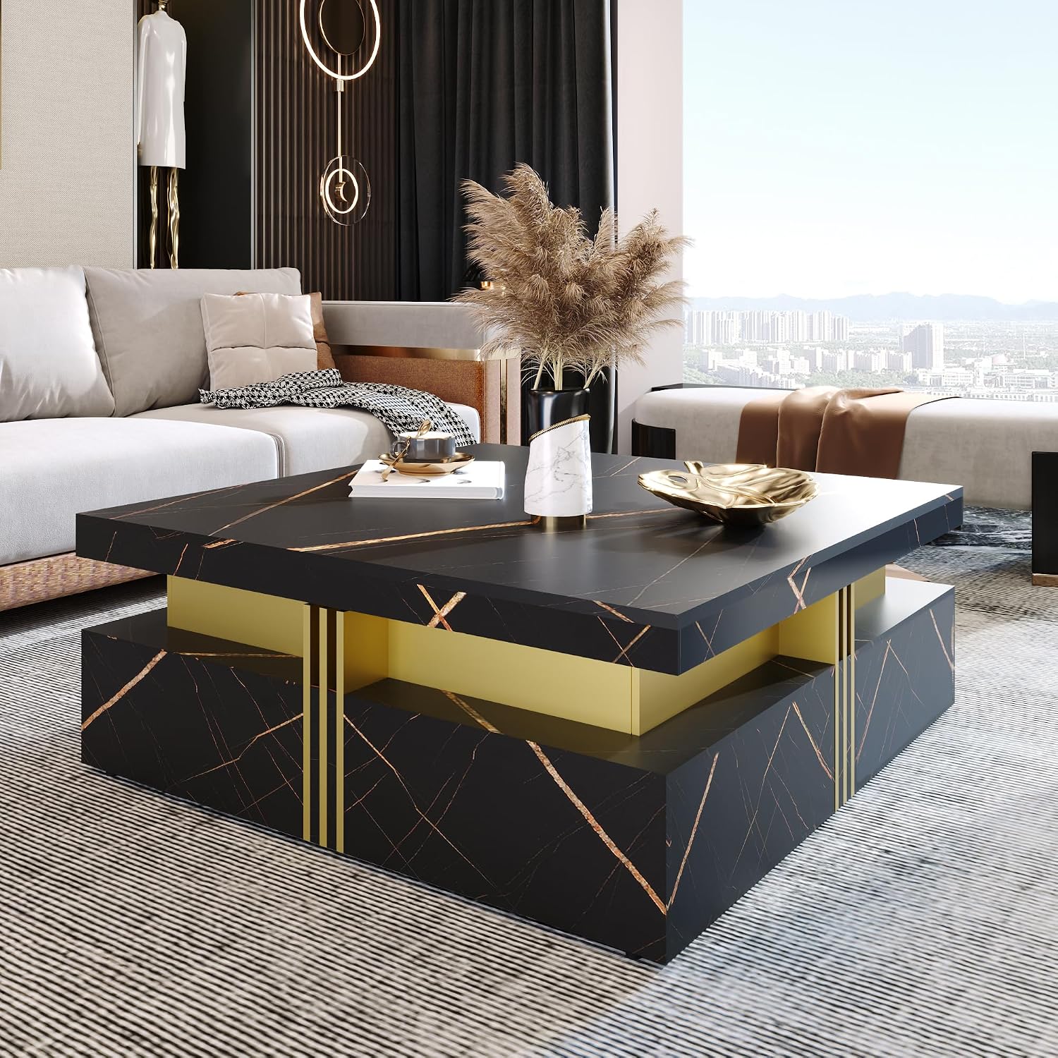 Merax Modern White and Gold Square Coffee Table with 4 Drawers, Ample Hidden Storage, Durable MDF Construction, Sleek Accent End Table for Living Room, Lounge, and Apartment Decor, Black