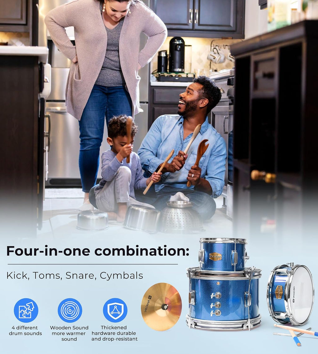 Kids Drum Set, 14 Inch Beginner Drum Kits, 3 Piece Drum Set for Kids Boys Girls, with Adjustable Throne, Cymbal Pedal, Drumsticks, Blue