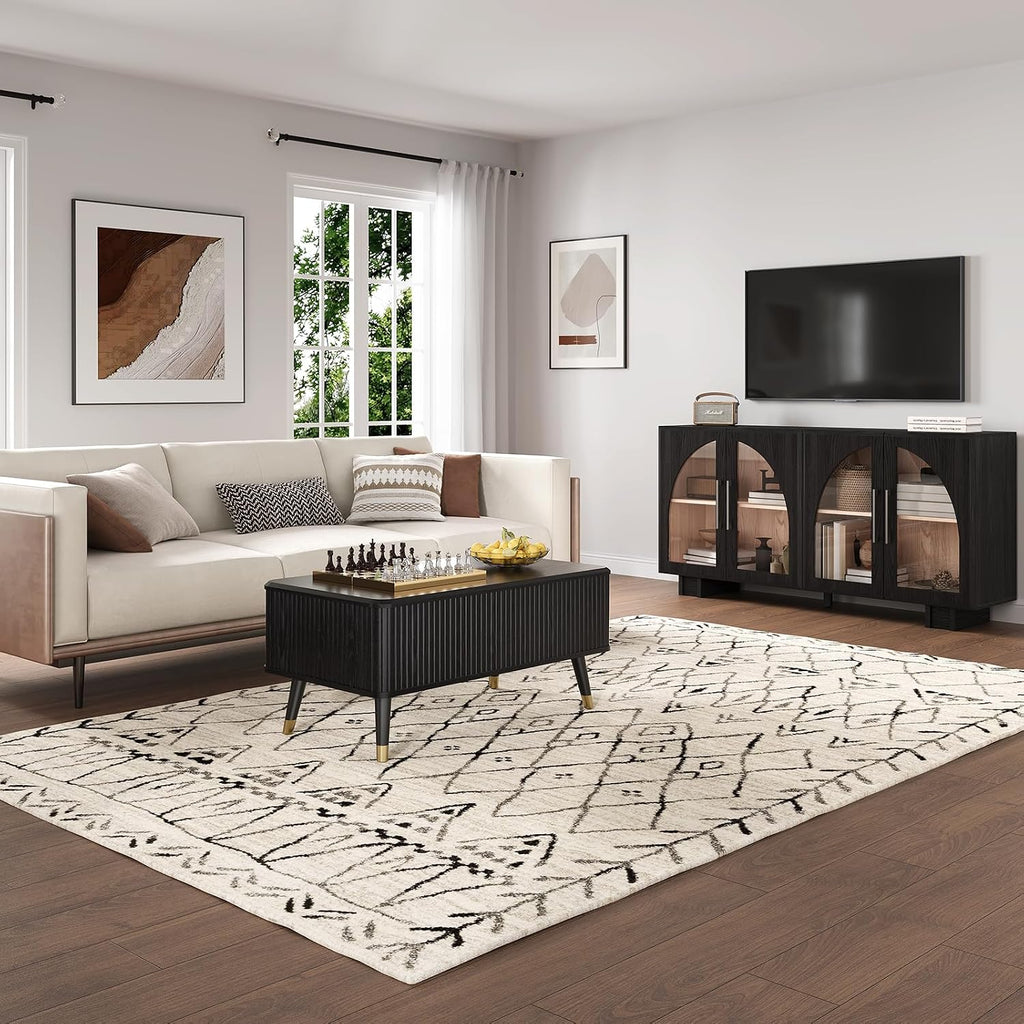 Lift Top Coffee Table with Storage, Modern Coffee Table with Solid Wood Legs, 38' Minimalist Fluted Center Table for Living Room, Home Office, Black
