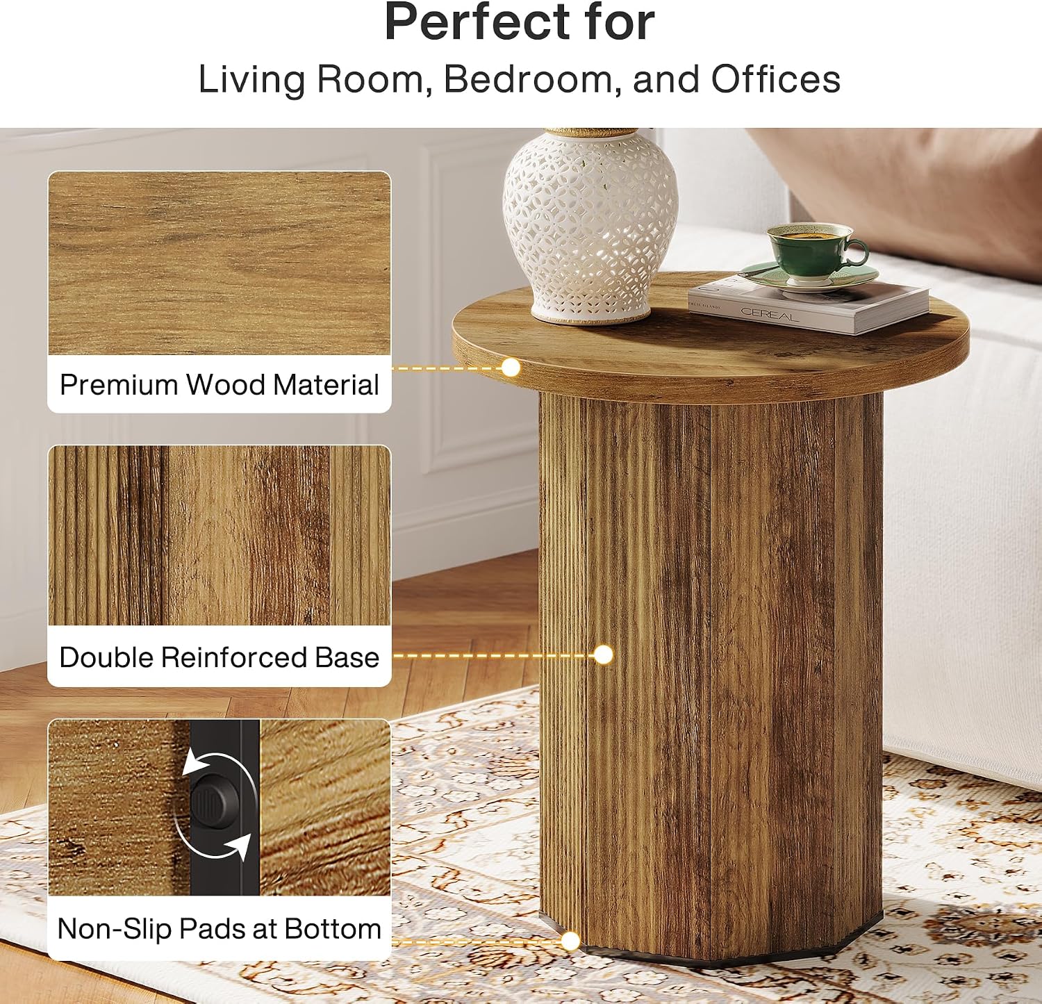 Tribesigns Round End Table, Farmhouse Pedestal Side Table, Fluted Wooden Nightstand Drink Stand for Living Room, Bedroom (1)