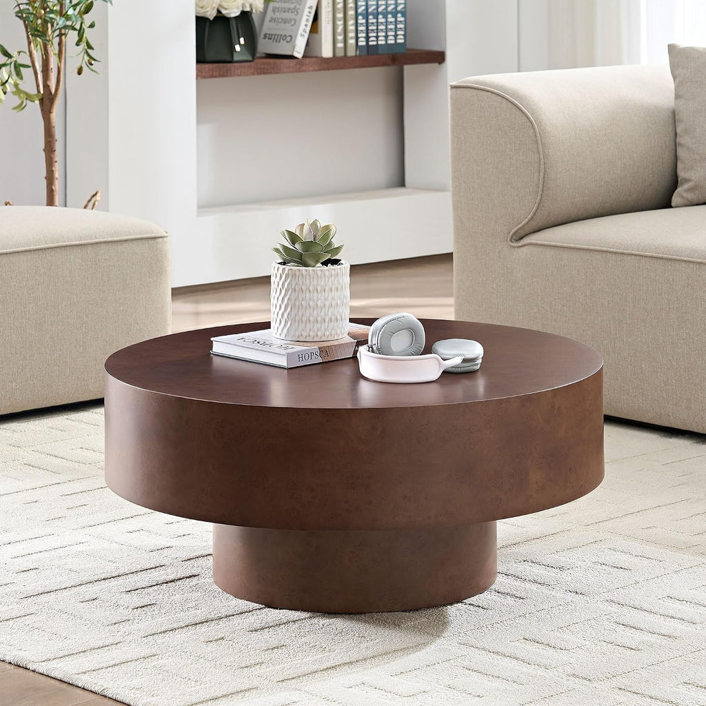 Burl Wood Coffee Table for Living Room Round Wood Coffee Table with Pedestal 31.49' Modern Circle Center Tables Accent Tables for Apartment, Easy Assembly-Walnut