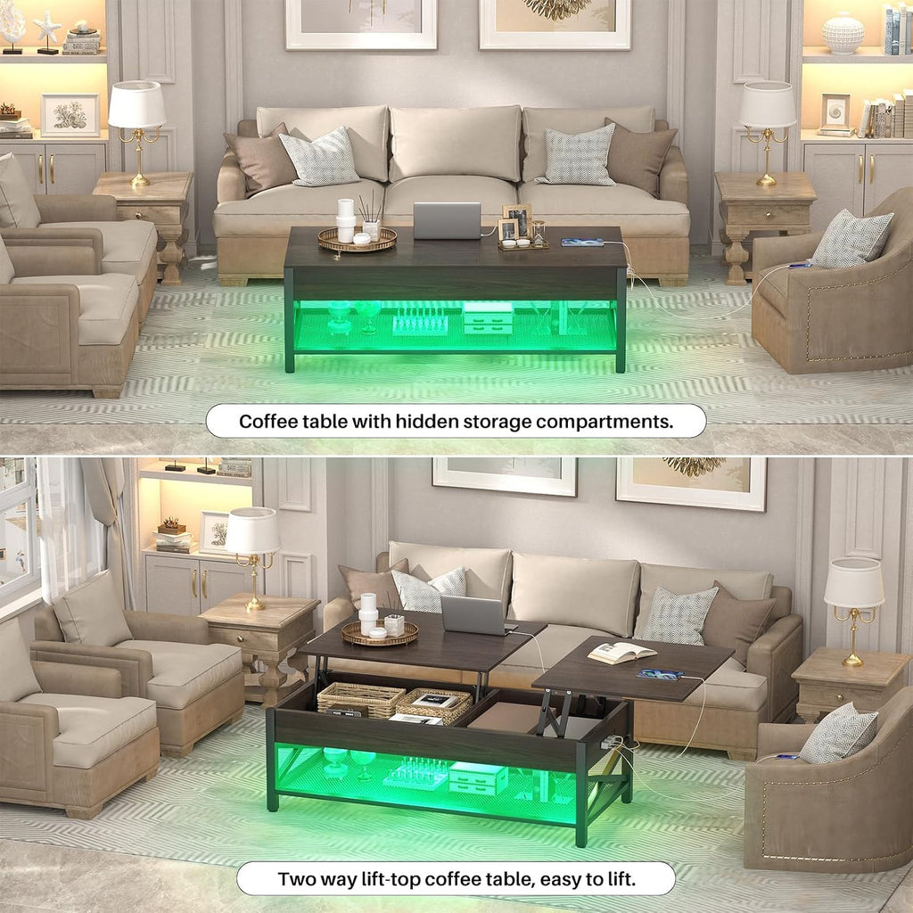 Aheaplus Coffee Table, Lift Top Coffee Table with LED light and Power Outlet, Modern Lift-Top Table with Storage Shelf, Center Table for Living Room with Lift Tabletop, X Support Metal Frame, Espresso