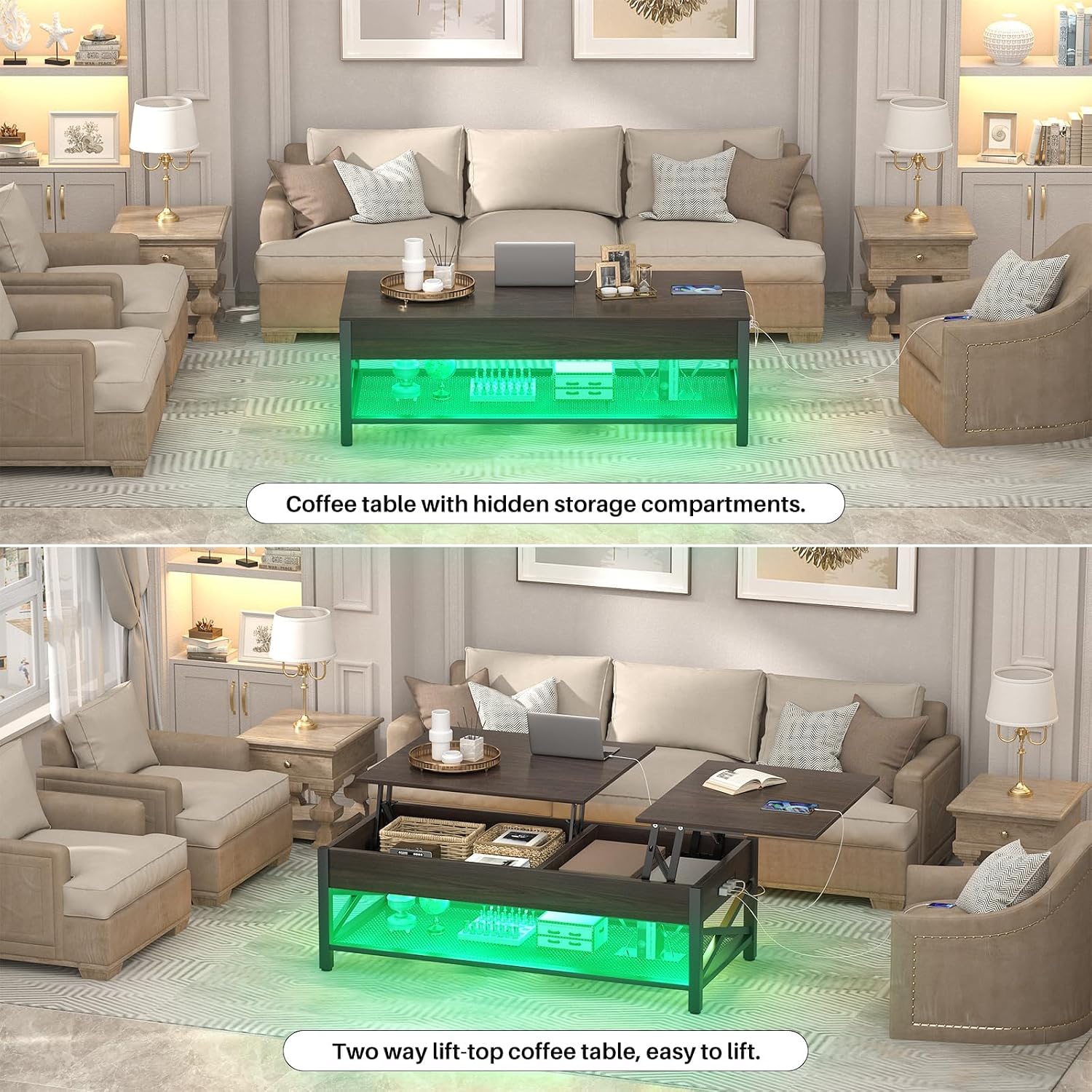 Aheaplus Coffee Table, Lift Top Coffee Table with LED light and Power Outlet, Modern Lift-Top Table with Storage Shelf, Center Table for Living Room with Lift Tabletop, X Support Metal Frame, Espresso