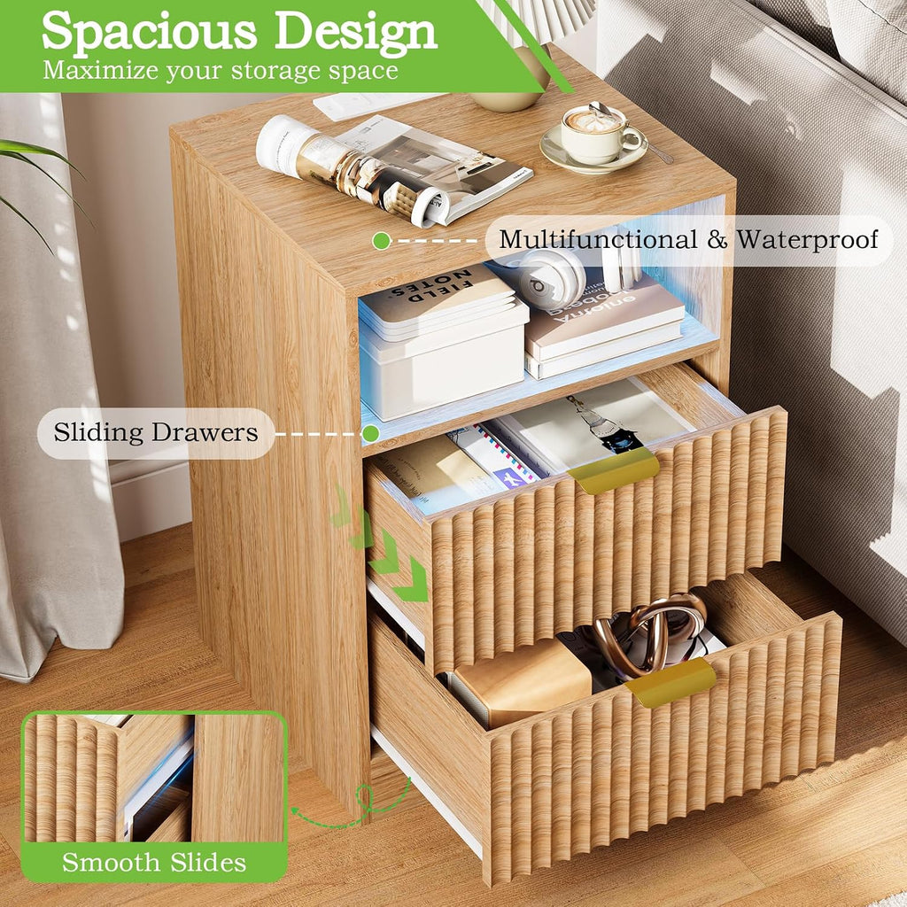 Night Stand Set 2, LED Nightstand with Charging Station, Fluted Nightstands Set of 2 with 2 Drawers, Wood Side Table Living Room, End & Bedside Tables for Bedroom Sofa Office, Natural Oak