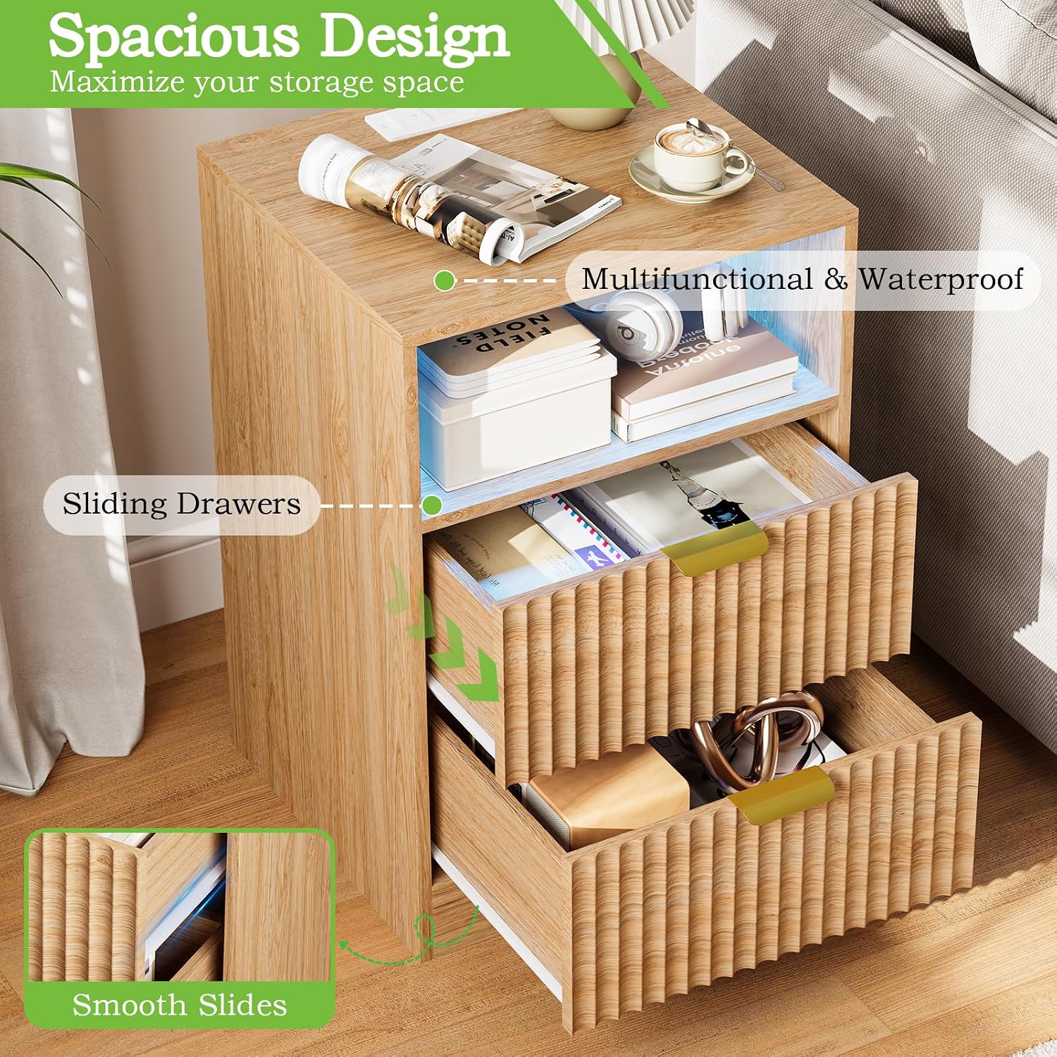 Night Stand Set 2, LED Nightstand with Charging Station, Fluted Nightstands Set of 2 with 2 Drawers, Wood Side Table Living Room, End & Bedside Tables for Bedroom Sofa Office, Natural Oak