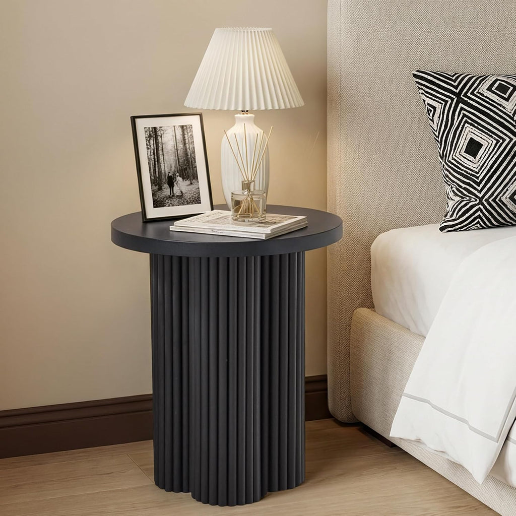 Small Sofa Side Table Set of 2, Fluted Accent Pedestal End Table, Wood Round Night Stand, Farmhouse Bed Side Table Drink Tables for Living Room, Small Spaces (Black-2PCS)