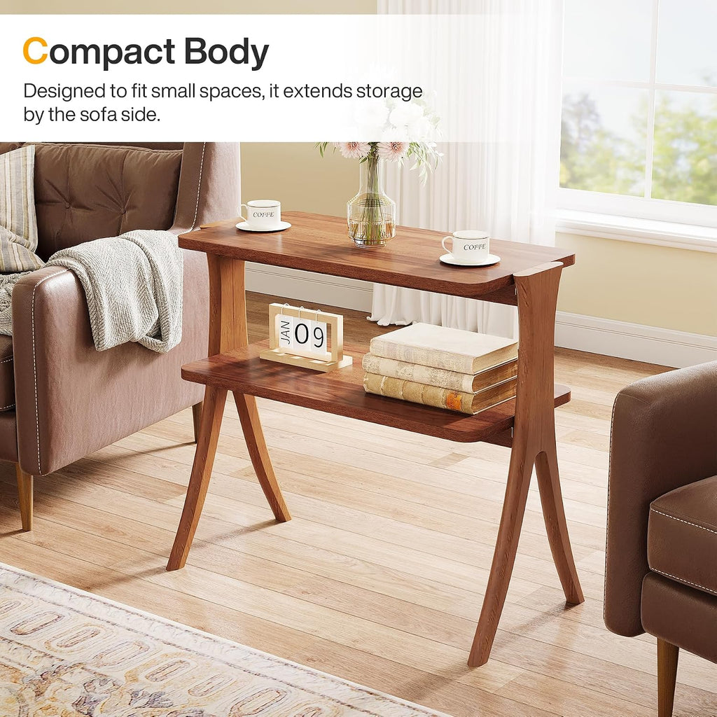 Tribesigns Walnut Side Table Set of 2, Narrow End Table with 2-Tier Storage Shelf and Solid Wood Legs, Slim Modern Bedside Table Nightstand for Living Room, Bedroom, Small Spaces (2)