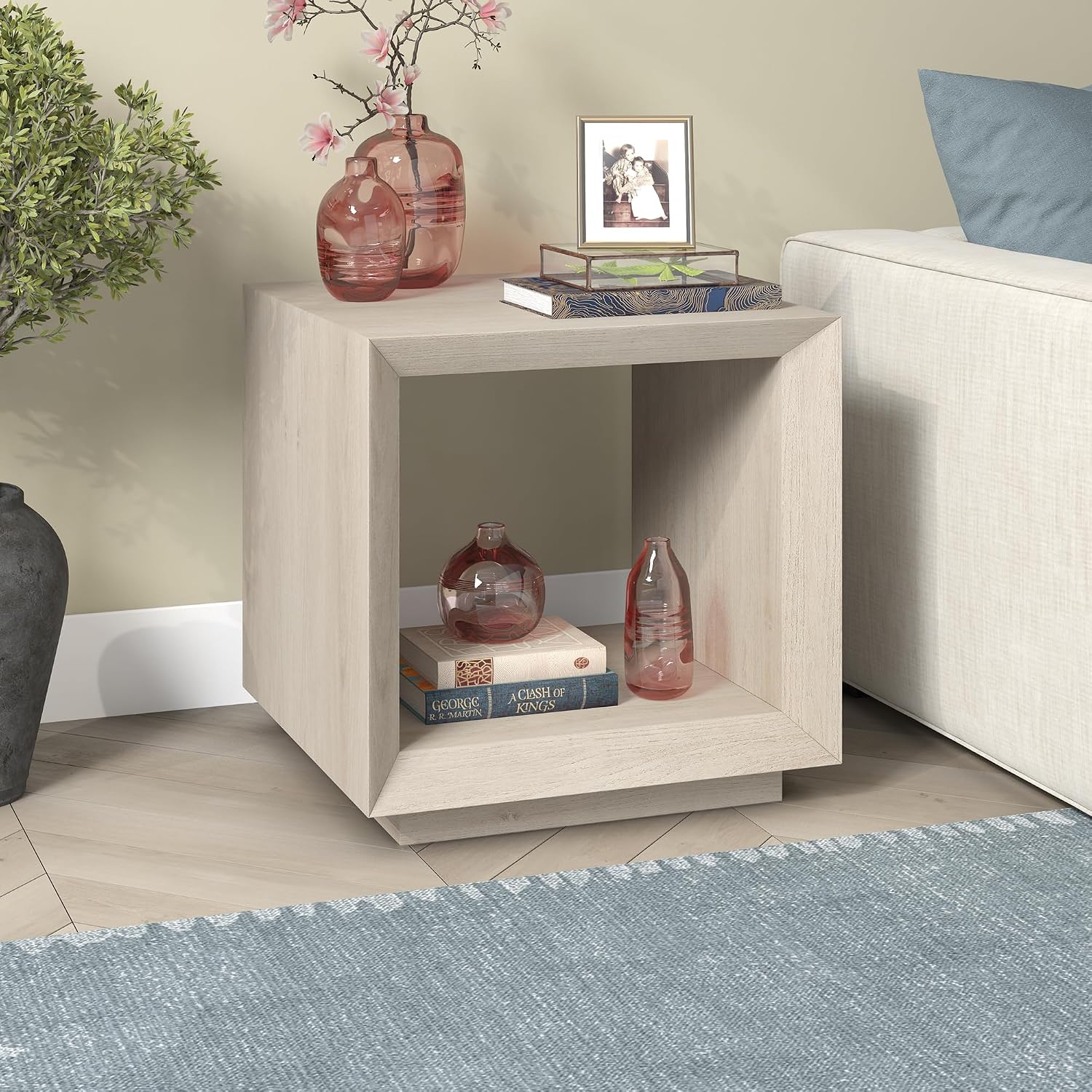 Henn&Hart 22' Modern Square Wooden End Table, Side Table, Nightstand with Open Display Shelf for Living Room, Office, Family Room, or Bedroom, Beech White