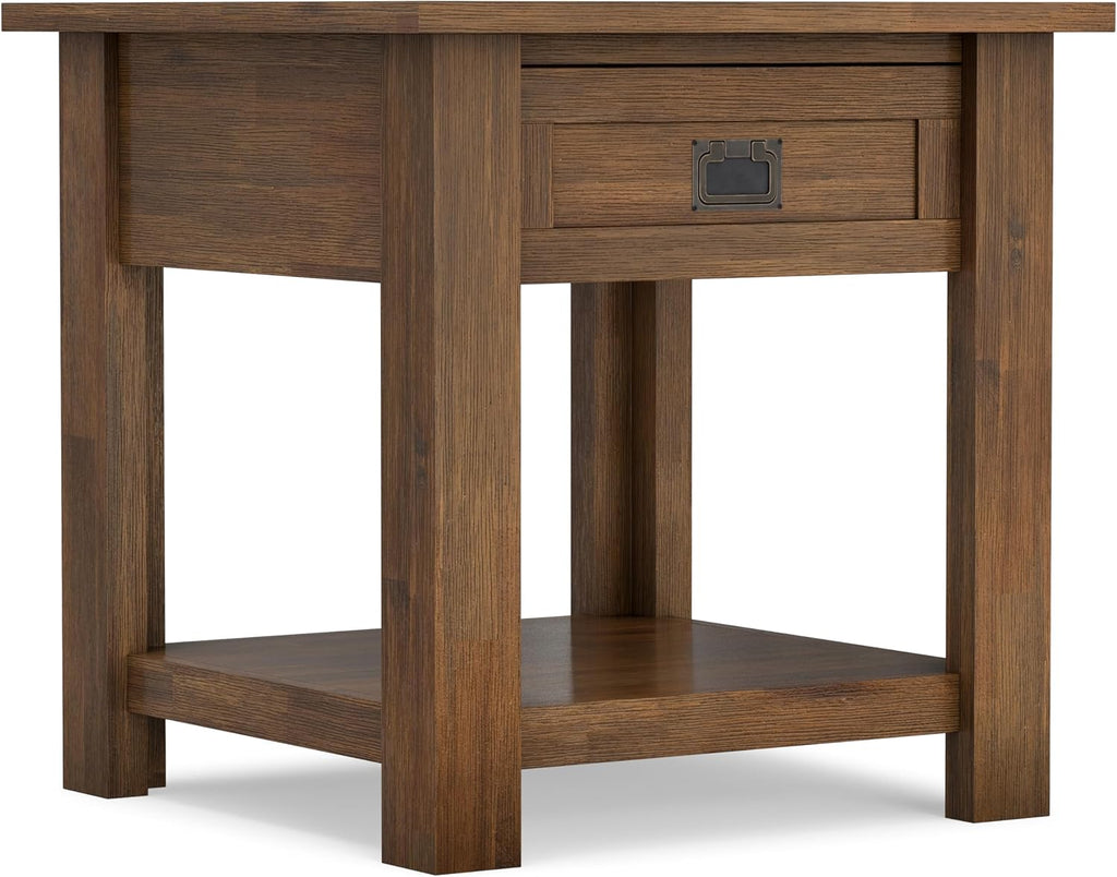 SIMPLIHOME Monroe End Table - 22 inch Wide Solid Acacia Wood Side Table in Rustic Natural Aged Brown, Farmhouse Accent Table for Living Room or Bedroom with Drawer and Shelf
