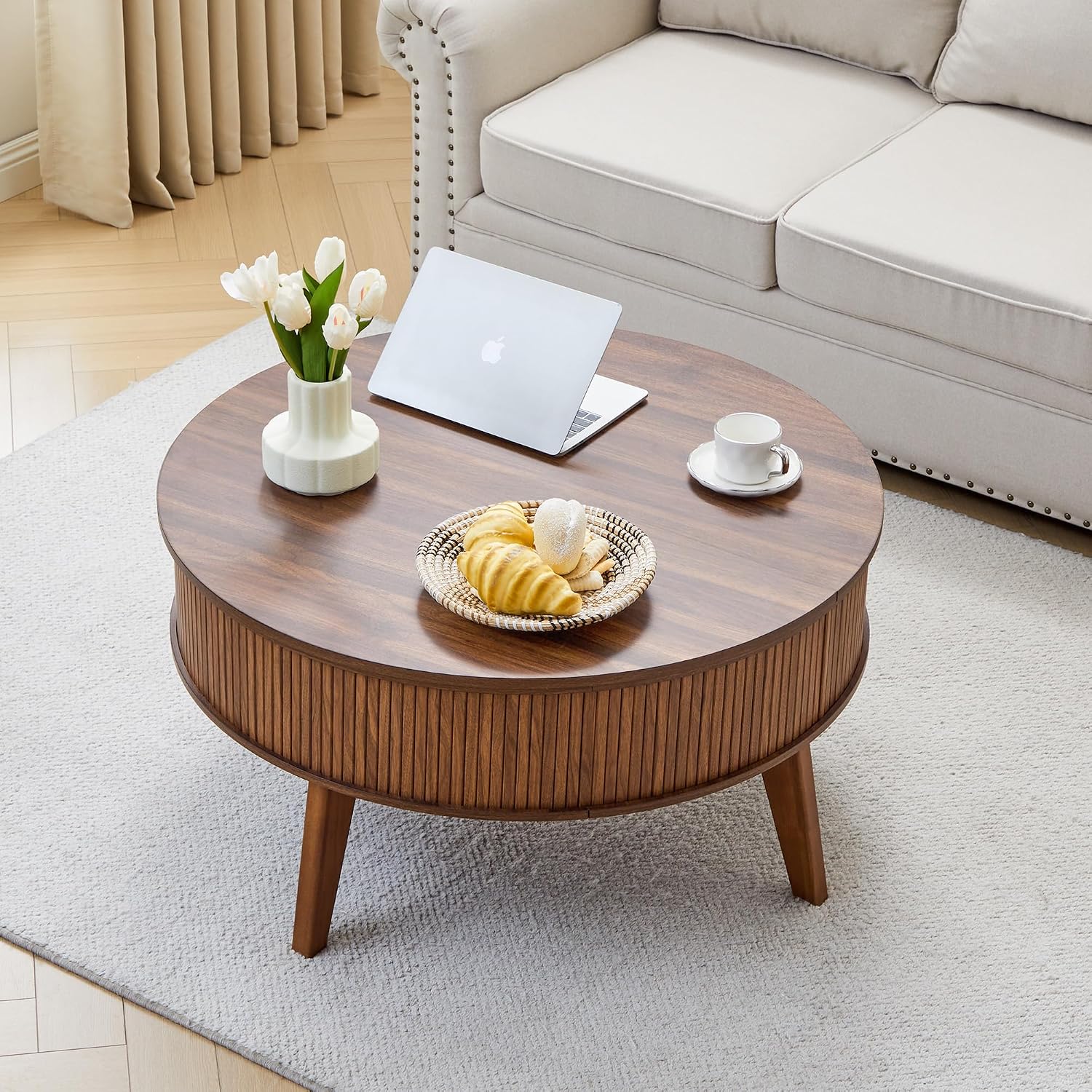 Round Lift Top Coffee Table with Storage, 35.4'' Fluted Wood Center Table Mid Century Modern Coffee Table with Lifting Top for Living Room, Office, Small Space (Walnut)
