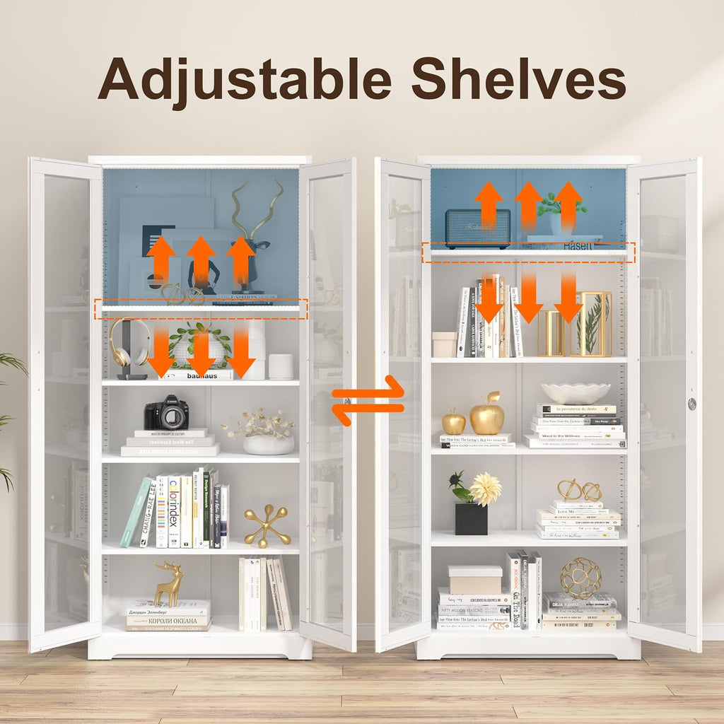 Curio Display Cabinet with Glass Doors,71'H Metal Display Case with 4 Adjustable Shelves, White China Storage Cabinet for Collectibles, Trophies & Liquor - Locking Tall Glass Cabinet for Home