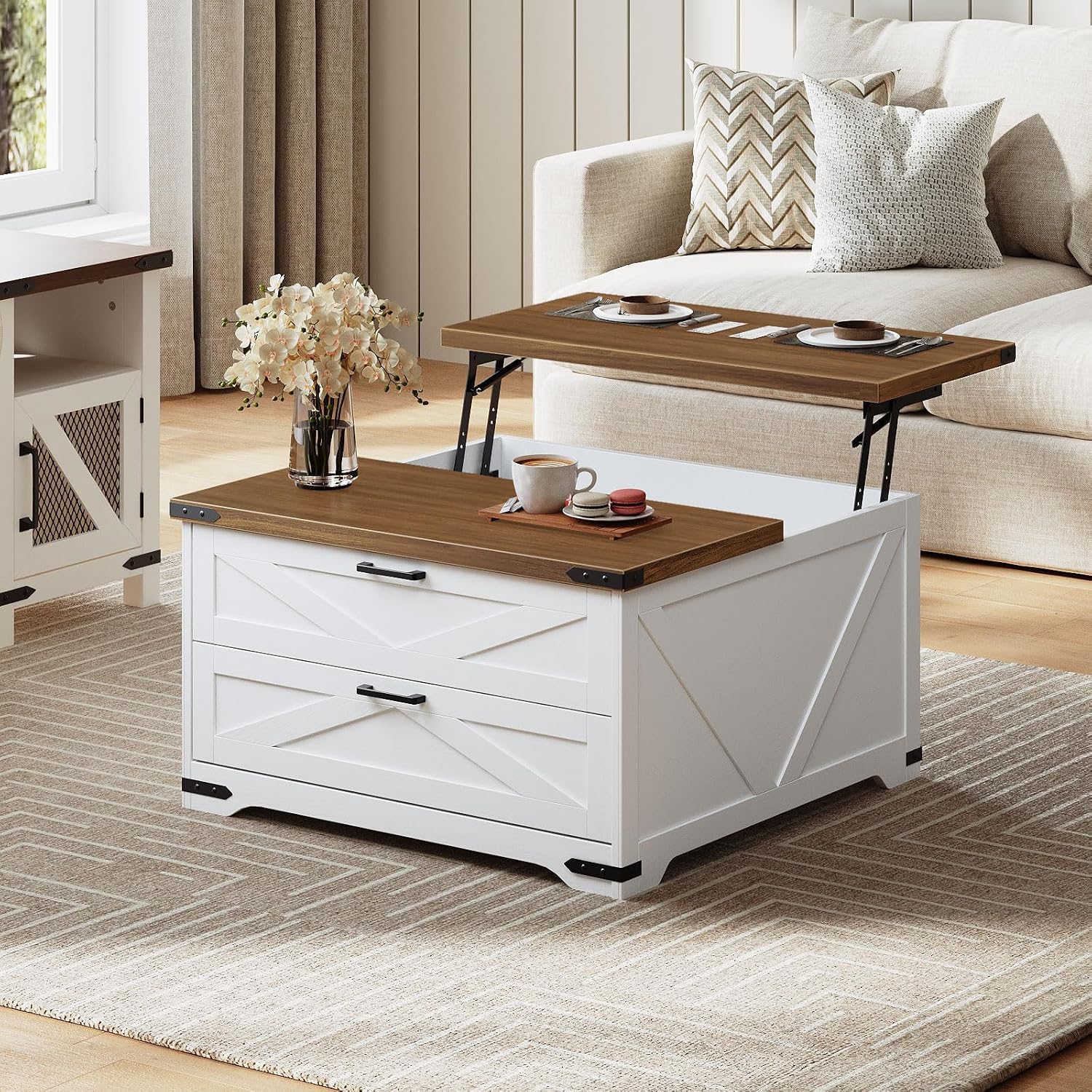 HOOBRO Lift Top Coffee Table with Storage, 31.5' Large Square Coffee Table with 2 Drawers, Large Hidden Space, White Farmhouse Center Table for Living Room, Home Office, White and Walnut WH45KF01