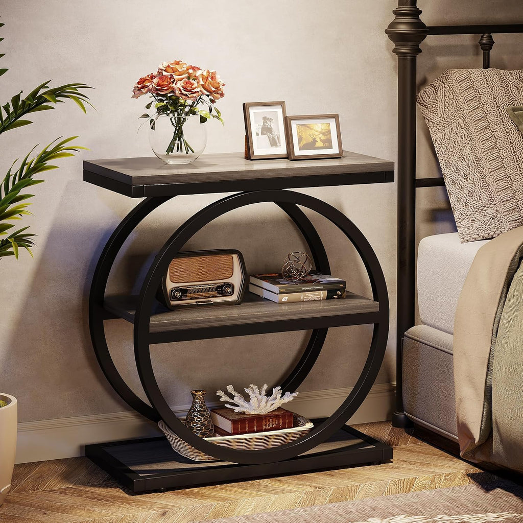Tribesigns End Table Set of 2, Narrow End Table with 3 Storage Shelves, Wooden Side Table with Metal Frame, Small Sofa Side Table for Living Room, Grey Nightstand and Bedside Table for Bedroom