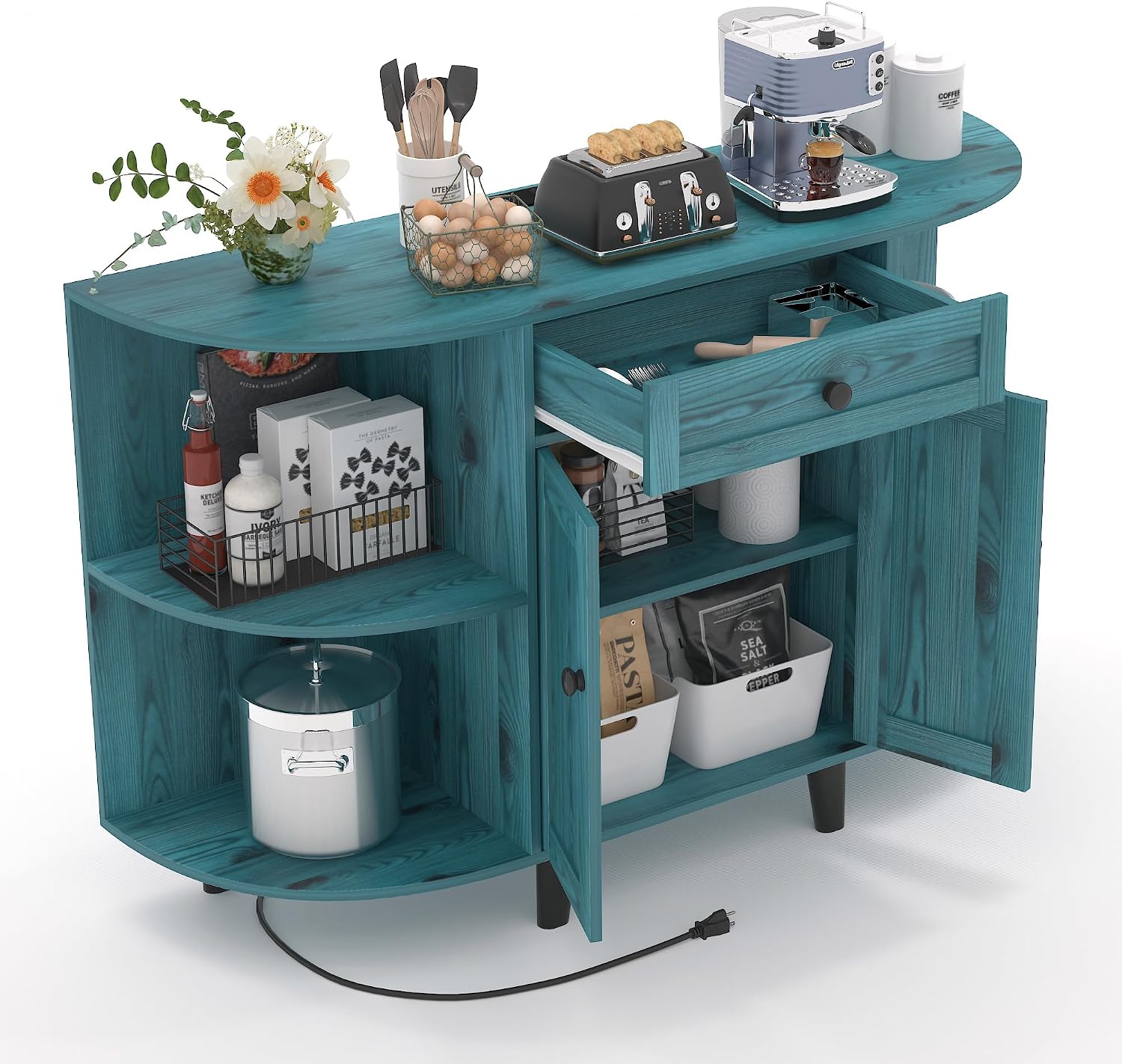 52' Sideboard Buffet Cabinet with Power Outlet,Coffee Bar Cabinet with Storage, 3 AC Outlets & 2 USB Ports,Kitchen Storage Cabinet with Drawer and Doors for Dining Room,Vintage Blue