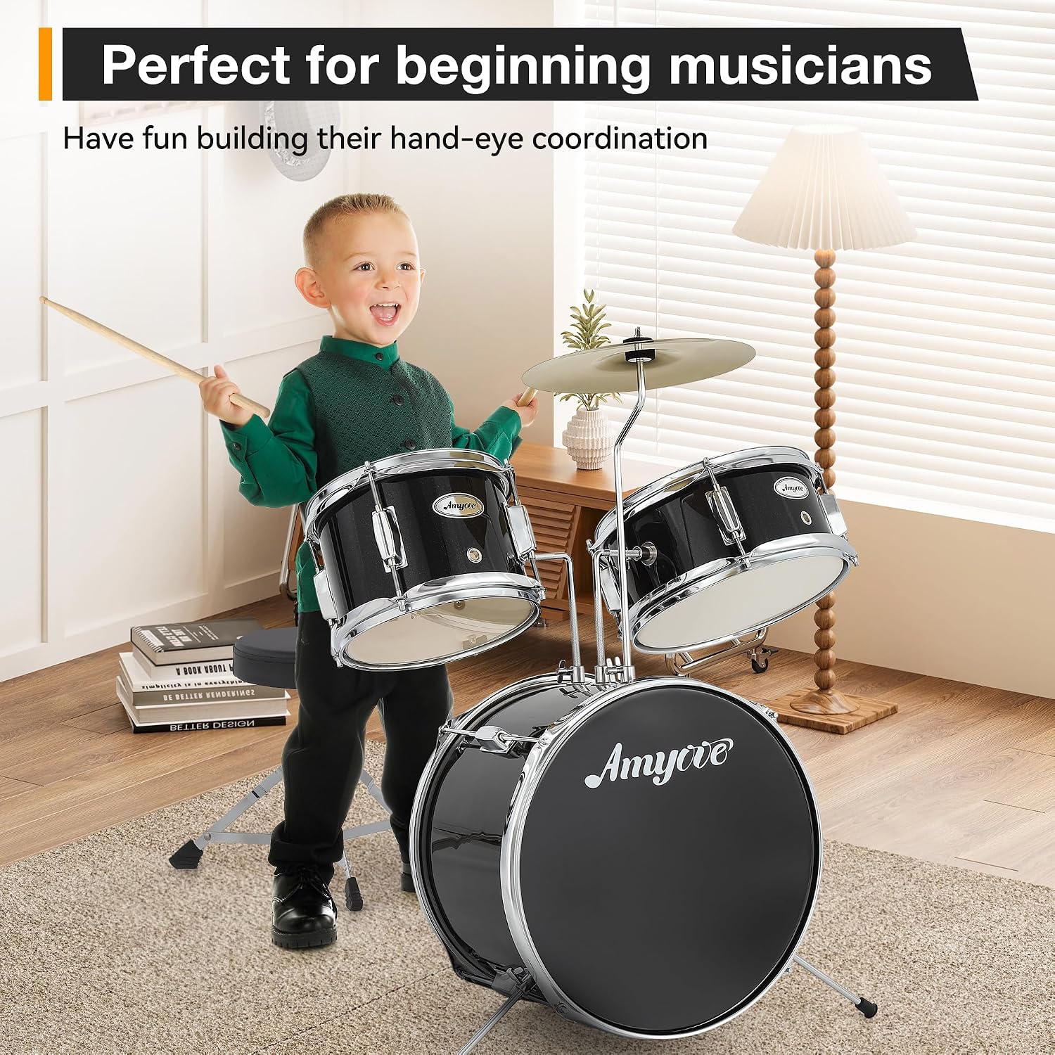 3-Piece Beginner Drum Set, Beginner Drum Set,with Bass Tom Snare Drum, 14 Inch Drum Kit with Snare, Cymbal, Drumsticks, Adjustable Seat (Metallic Black)