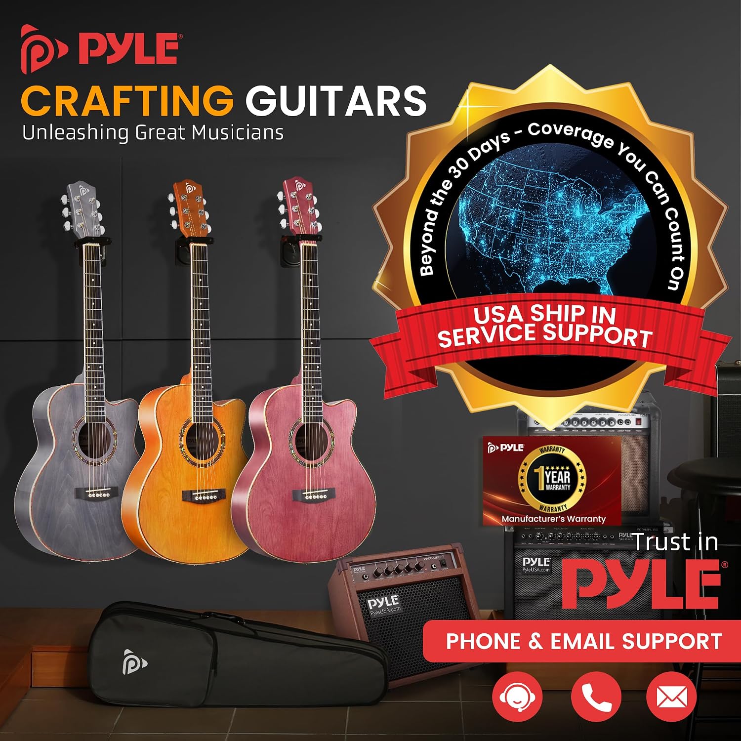 Pyle Acoustic Guitar Kit, 3/4 Junior Size All Wood Steel String Instrument for Beginner Kids, Adults, 36' Deep Ruby