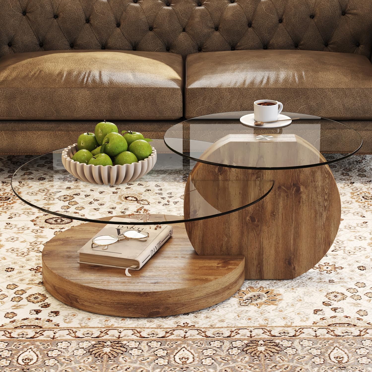 42 Inches Glass Coffee Table, Modern Round Tempered Glass Coffee Tables for Living Room, 3-Tier Circle Wood Coffee Table with Storage Clear Cocktail Table for Small Space Home Office (Wood)