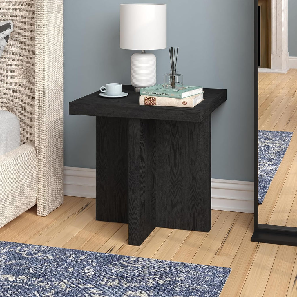 Henn&Hart 22' Scandinavian Square Wooden End Table, Side Table, Nightstand with X-Base for Living Room, Office, Family Room, or Bedroom, Natural Black